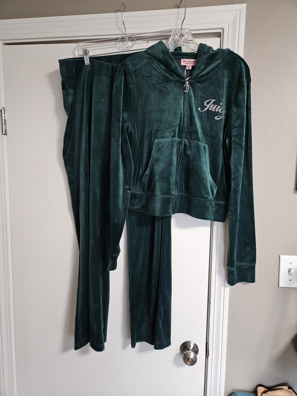 Juicy Couture Dark Green Velour Zip Hoodie & Pants Set with Rhinestone Details